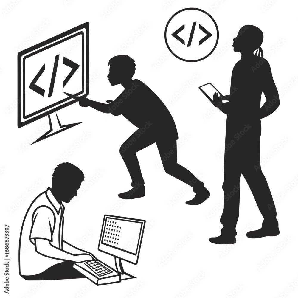 Wall mural people coding and programming silhouettes computers