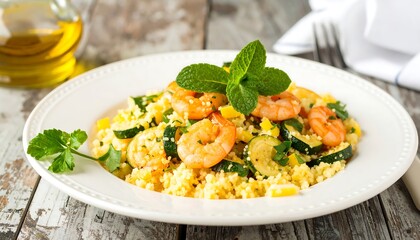 Shrimp and couscous dish on a plate