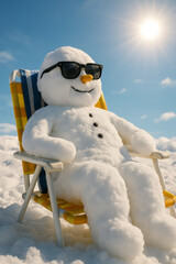 Funny snowman wearing sunglasses relaxing on a beach chair under the sun, blending winter charm with summer vibes in a whimsical contrast