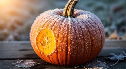 Photo of a single, ripe pumpkin covered in frost sits on a weathered wooden surface, with fallen autumn leaves scattered around, hinting at the arrival of winter and the harvest season
