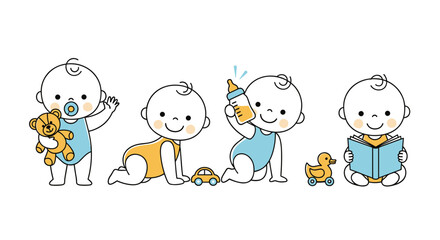 Naklejka premium Adorable cartoon babies engaged in various playful activities showcasing different stages of early childhood development learning and fun