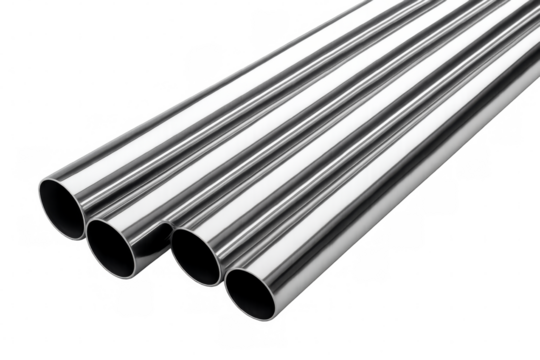 Stack of shiny metal pipes lying on transparent background