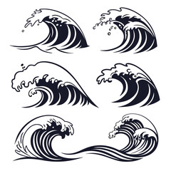 Six dark ocean wave and water splash shapes ocean waves