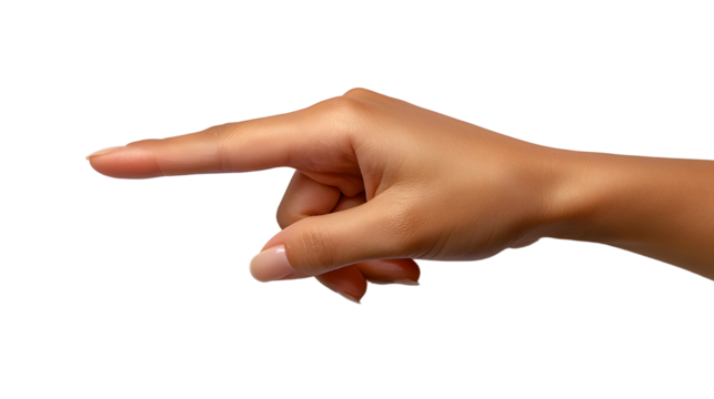 Close-up of a female hand pointing a finger, isolated on a white background