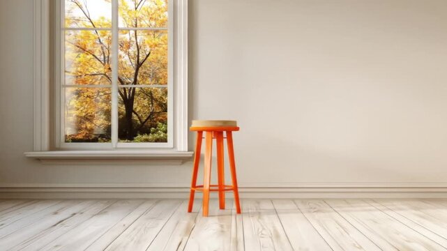 A modern, empty room with an autumnal view and an orange bar stool.