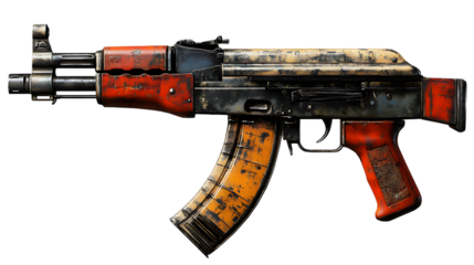 Isolated military firearm, such as an assault rifle, on a white background