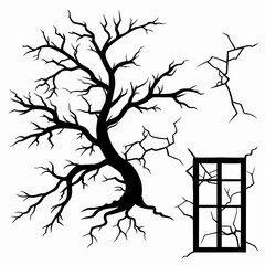 Spooky bare tree and cracked window silhouettes halloween