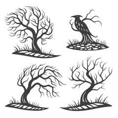 Surreal bare trees and bird abstract black