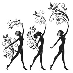 Three graceful female silhouettes with floral accents