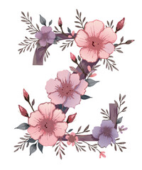 Obraz premium Elegant watercolor floral arrangement forming the letter Z with delicate pink and purple flowers and muted green leaves isolated on transparent background
