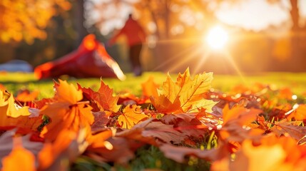 Vibrant Autumn Leaves on Grass with Person Raking in Golden Sunlight