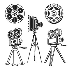 Obraz premium Vintage film cameras and reels film reel movie camera
