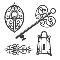 Vintage key and lock ornaments ornate silhouette