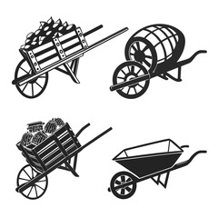 Wooden carts and wheelbarrows with produce and barrel