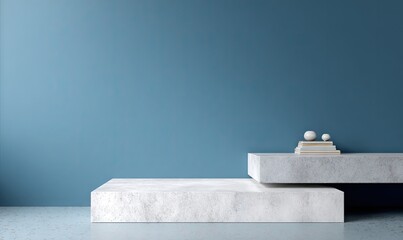 Minimalist white marble podium on a gray floor with a serene blue wall background for product display.