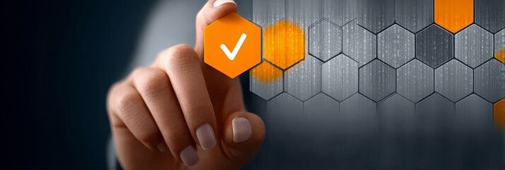 Digital Connection with Hand Pressing Orange Hexagon and Data Stream Visualization Elements