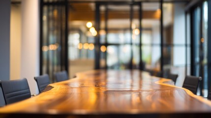 Blurred conference room with long wooden table and chairs office interior.