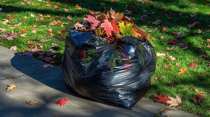 Black plastic bag full of colorful autumn leaves on a sidewalk, ready for yard waste collection during fall season.