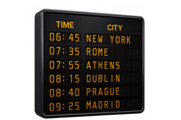 Airport timetable display showing arriving and departing flights schedule with transparent background