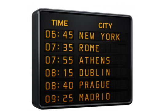 Airport timetable display showing arriving and departing flights schedule with transparent background