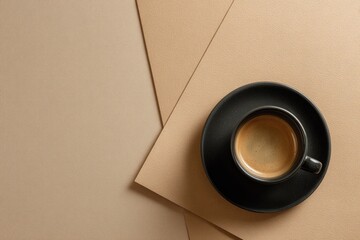 Top view of a black cup of fresh espresso coffee on a minimalist layered beige paper background.