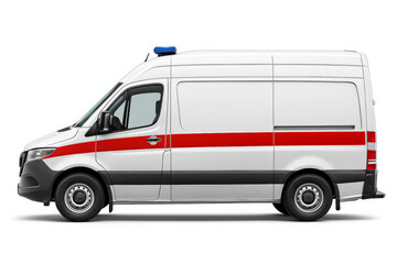Modern white and red ambulance van parked on white background