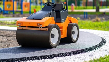 Close-up of a vibrant orange road roller on a freshly paved path in a park setting with playground