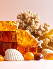 Stacked amber jelly cubes, seashells, and coral