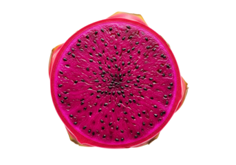 A vibrant slice of pink dragon fruit, showcasing its remarkable texture and intense color against a bold black background.