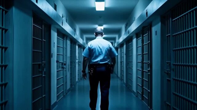 A prison guard walks down a dimly lit corridor of a modern correctional facility with cell bars, a scene representing the justice system, law enforcement and imprisonment