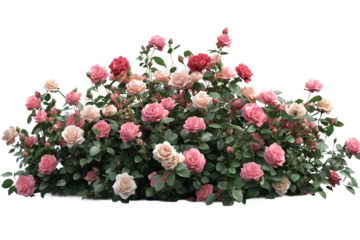 Close up of flourishing rose bush with pink, red, and white blooms isolated on transparent background