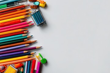 Colorful school supplies arranged on a light gray background