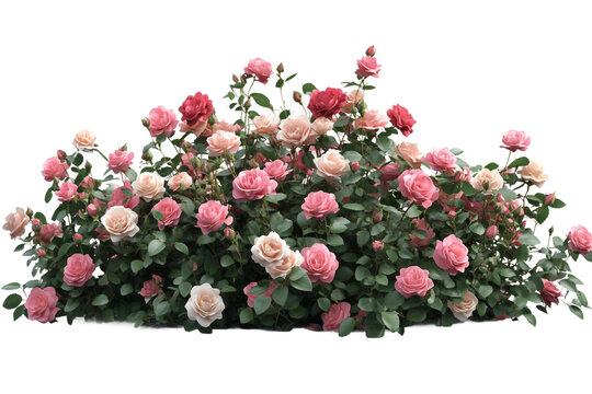 Close up of flourishing rose bush with pink, red, and white blooms isolated on transparent background