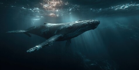 Fototapeta premium A large humpback whale glides serenely through the deep blue ocean, surrounded by shafts of light filtering from the surface. Its massive body moves with grace in the tranquil waters