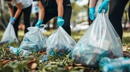 Volunteers Picking Up Litter and Collecting Trash in Plastic Bags for Environmental Cleanup and Waste Management