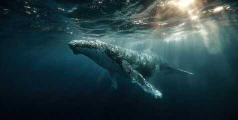 Naklejka premium A large humpback whale glides serenely through the deep blue ocean, surrounded by shafts of light filtering from the surface. Its massive body moves with grace in the tranquil waters