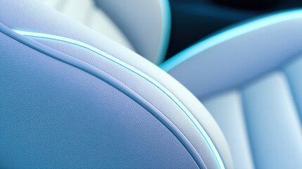 Close up of a white car seat with blue lighting detail.