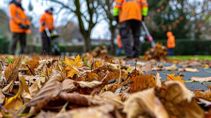 Autumn leaf cleanup: Close-up on fallen foliage with park maintenance workers in high-vis jackets tidying public grounds.
