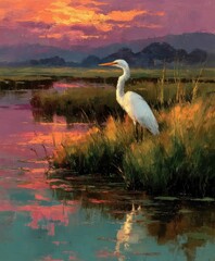 White bird stands in marshy water with colorful sunset sky background.