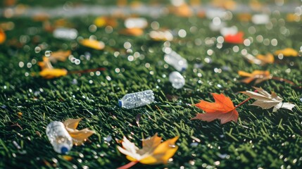Plastic bottles and vibrant autumn leaves scattered on green artificial turf, highlighting environmental litter.
