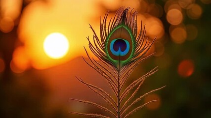 Sacred Peacock Feather Symbolizing Hindu God Krishna on Sunset for Krishna Janmashtami, Govardhan Puja, Rich Indian Culture 4k Video
