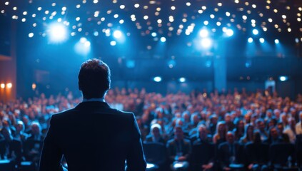 A speaker stands at a podium facing a large crowd in a darkened auditorium filled with blue lights. The audience is attentive, focused on the presentation in an evening setting