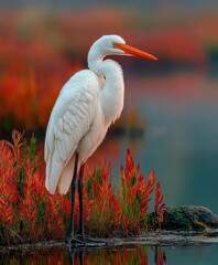 White heron stands in shallow water with colorful foliage in the background.