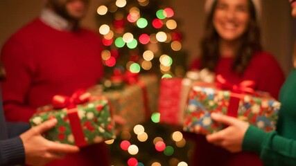 Giving Christmas Gifts Around the Tree With Soft Colorful Bokeh in the Evening