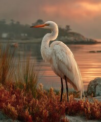 White heron stands near water with sunset reflecting on the surface.