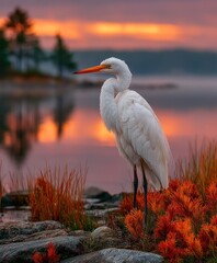 White bird stands near water at sunset with colorful sky reflection.
