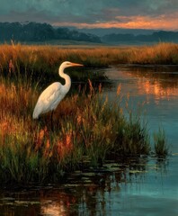 White bird stands in grassy marshy area near water at dusk or dawn.