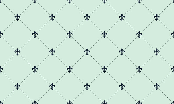 Elegant seamless pattern featuring dark fleurdelis on a pale green background.  Perfect for sophisticated designs,  wallpaper, textiles, and branding.