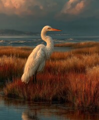 White heron stands in a marshy area with water and a cloudy sky.