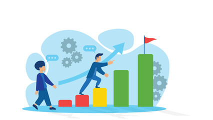 Business growth and success teamwork climbing bar chart to goal flag illustration